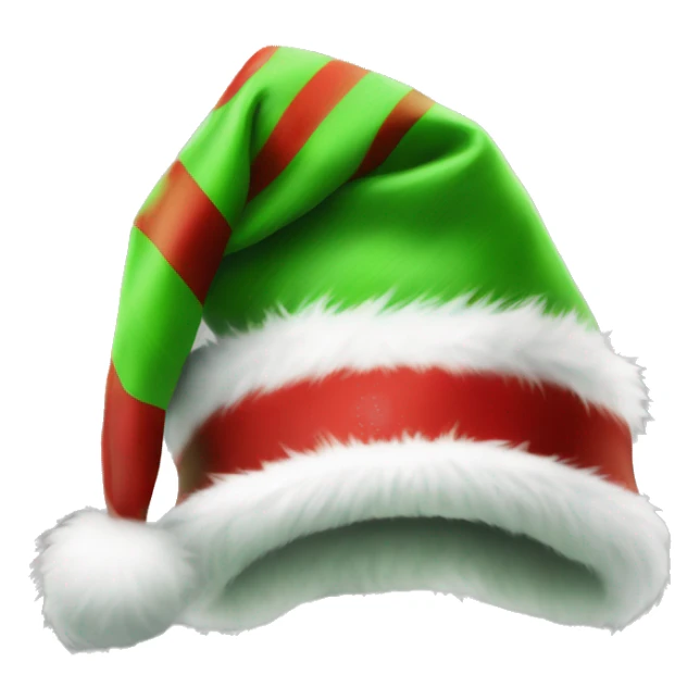 Realistic green and red striped fur santa hat isolated.  sticker