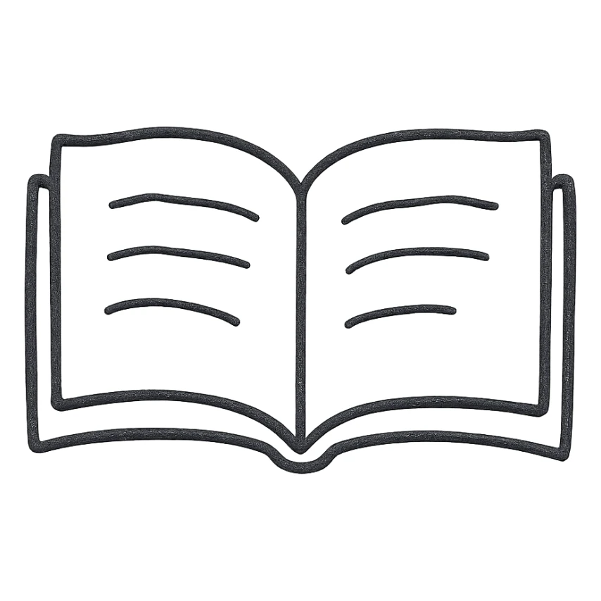 Make the icon an open book, keep the hand drawn black outline style, with no background. sticker