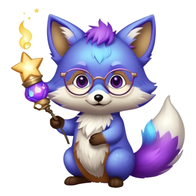 A small magical fox with shimmering purple and blue fur, a glowing fluffy tail, a silver star on its forehead, and round glasses, holding a tiny magical lantern, with heart-shaped eyes, looking in love. 🦊😍 sticker