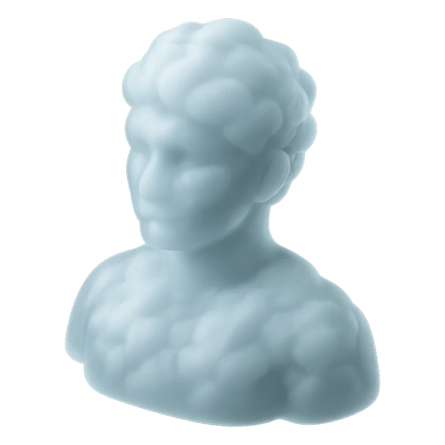 a person from shoulders up, looking straight ahead, fully composed of volumetric clouds, matte glass style sticker