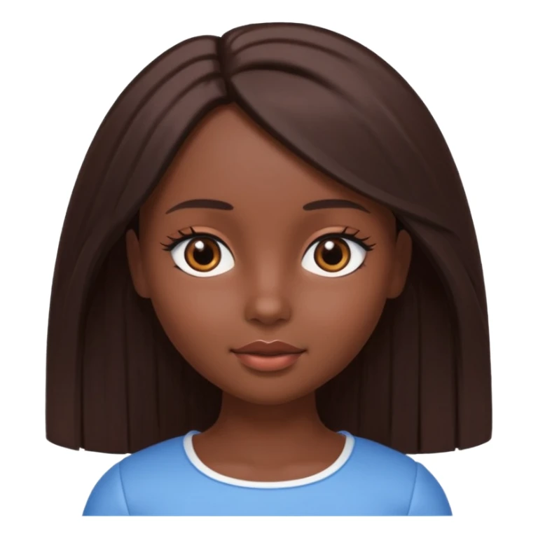 Boneca digital em estilo 3D realista e fofo, semelhante a uma boneca colecionável. Mulher jovem com pele negra, olhos castanhos escuros, cabelo liso cor chocolate, longo e bem alinhado.  sticker