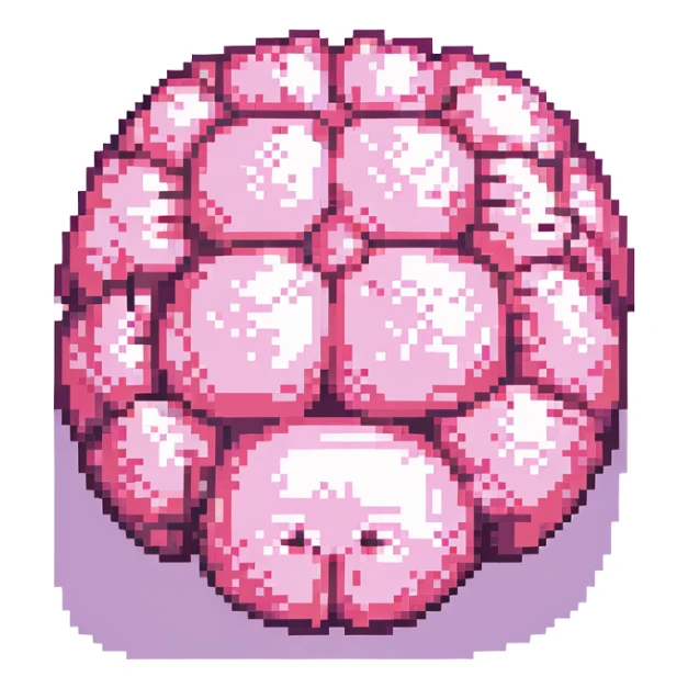 16-bit pixel art of a pink brain-shaped blob, smooth rounded brain texture, simple retro gaming style sticker