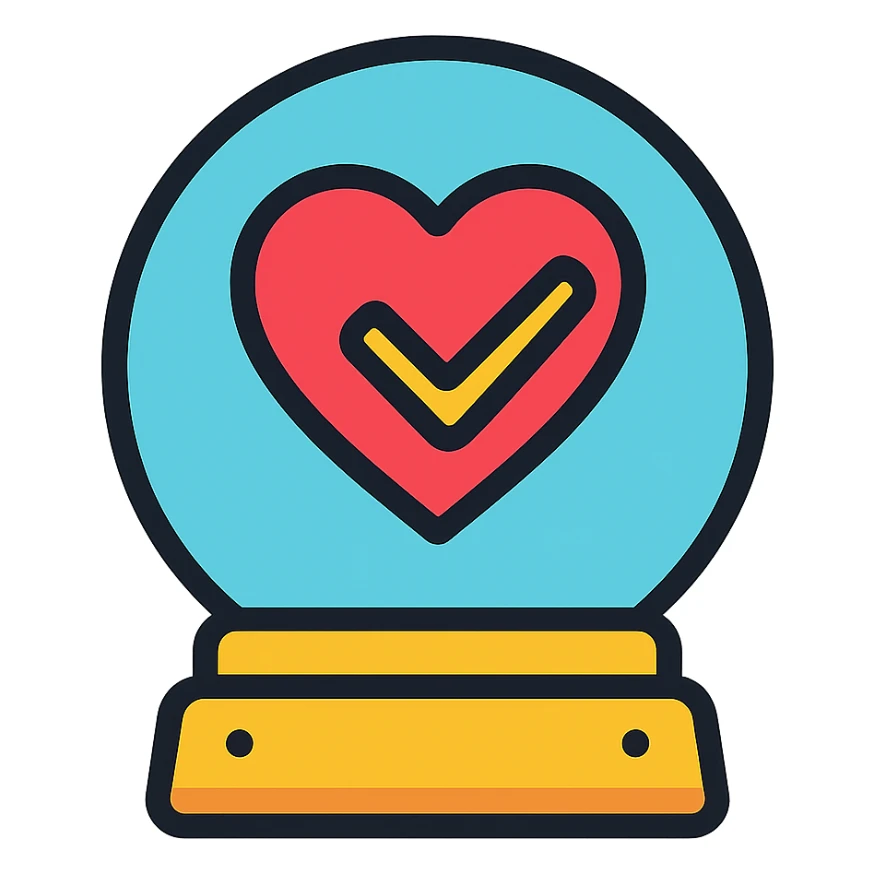 crystal ball icon with a heart and checkmark inside, representing best quality and affordable healthcare, modern icon style, clean lines, subtle color highlights sticker