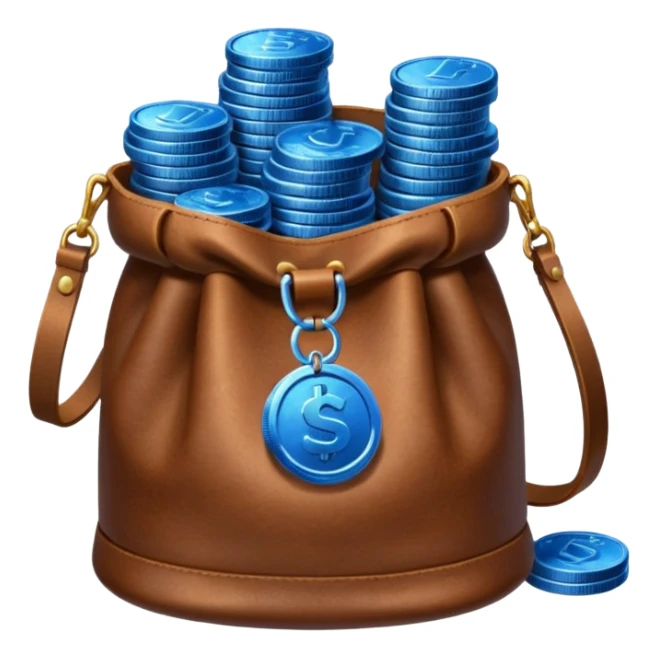 leather bag on top of blue coins stack sticker