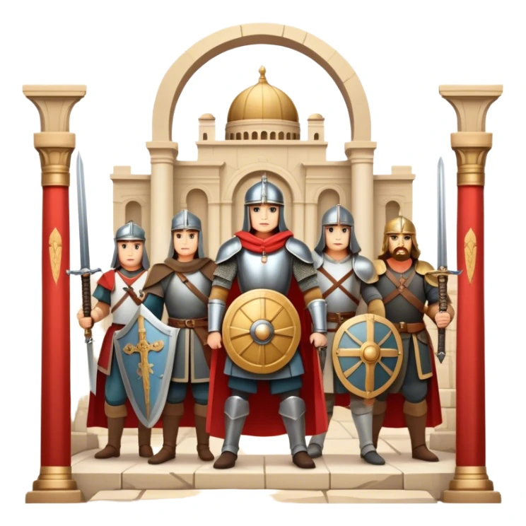 Icon for Historical Movies: A vintage movie poster-style design with elements of ancient architecture, historical figures in period costumes, and a backdrop of a historical event or battle. Include scrolls, swords, and shields. Retro cinematic feel. Transparent background. sticker