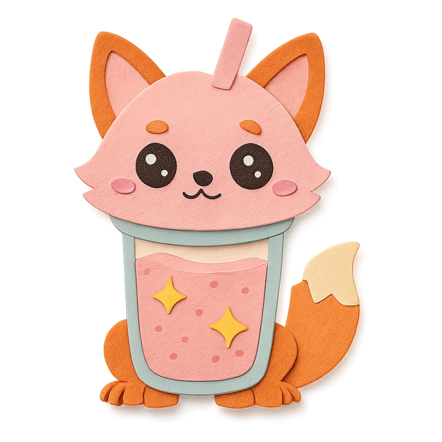 full-body chibi blender-fox hybrid with transparent body filled with smoothie, sparkling eyes, pastel pink, paper craft style sticker