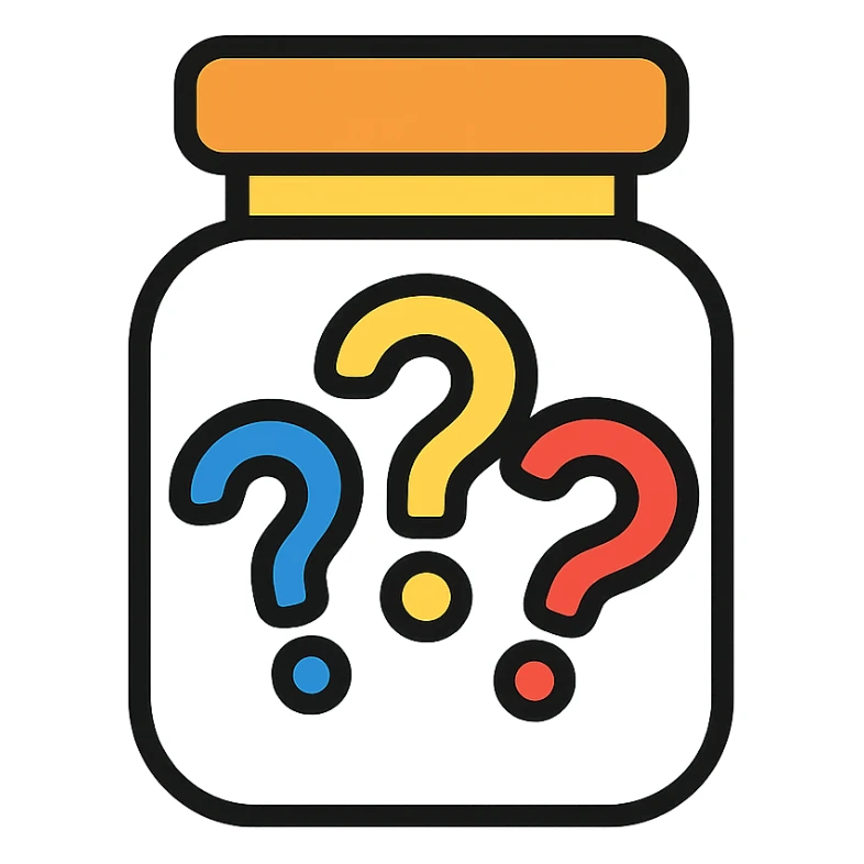 glass jar filled with question marks, color outline icon style sticker