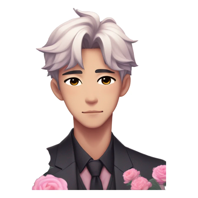 Gorgeous romantic anime style Asian formal modern gentlemanly guy with cat ears and flowers and blushing face aesthetic trending style outside with colorful gradient colors sticker