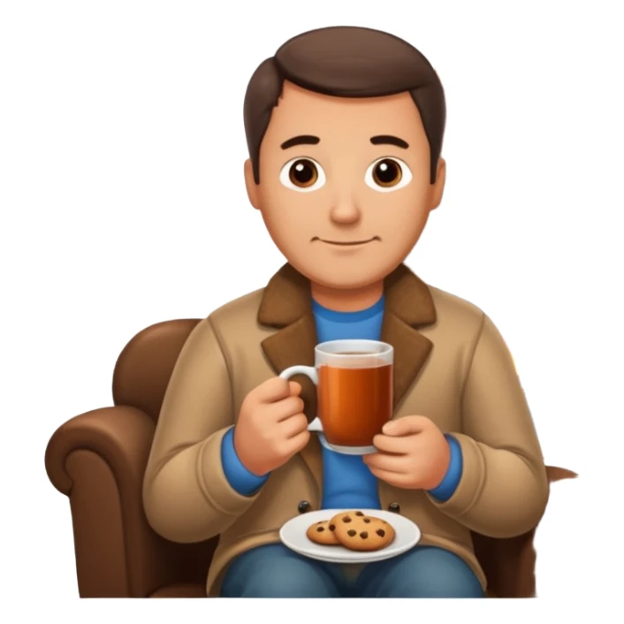 Cozy handsome 45 year old man sitting next to a nice fireplace with a hot apple cider, book, and plate of chocolate cookies. sticker