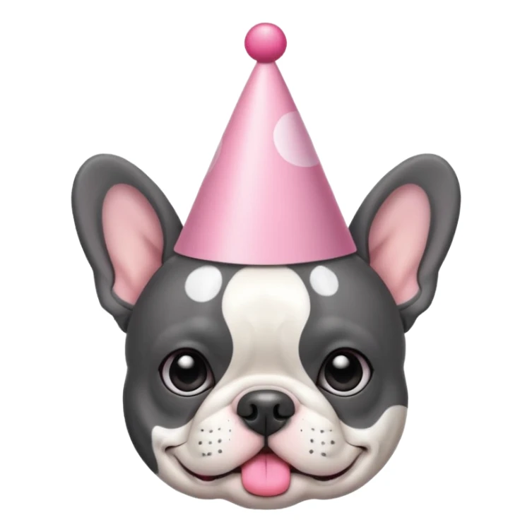 french bulldog with a birthday hat and black and white and grey coloring. please make it emoji style please. also please make the dog have a pink hat sticker
