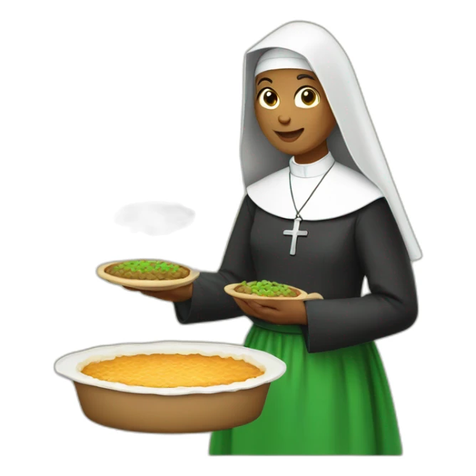 a nun wearing in green presenting a shepherd pie sticker