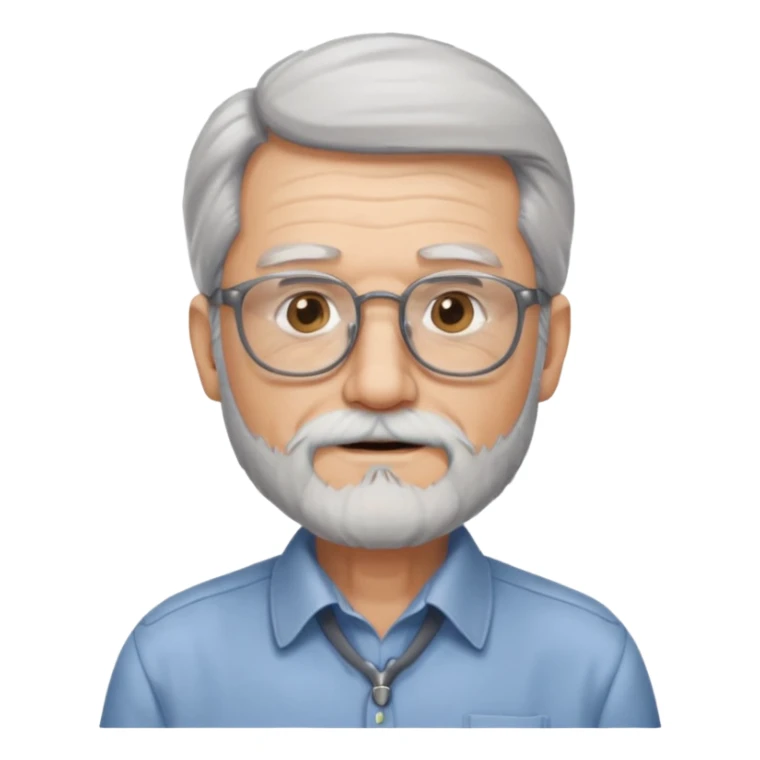 old man with long hair and beard wearing glasses with shirt sticker