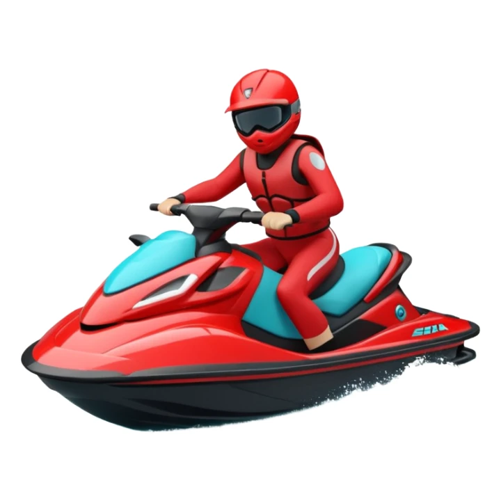 jet ski (red black and white all in the same amount. maybe a red a bit more dominant) on the sea. show the sea under the jet ski - blue with turquoise. no sky - white background instead. DO NOT REMOVE THE SEA AND THE WHITE WHEN FINALIZING!  sticker