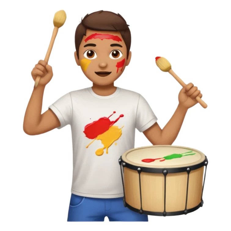 A loud fan, simple tee shirt with paint on his cheeks with a marching drum, beating it with enthusiasm sticker