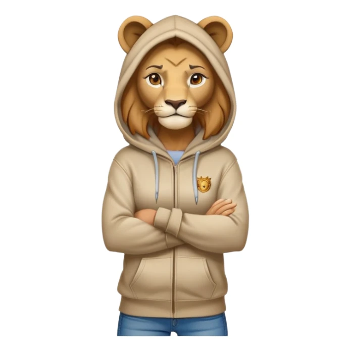 determined anthropomorphised female lion in a hoodie and jeans with arms folded, confident stance sticker