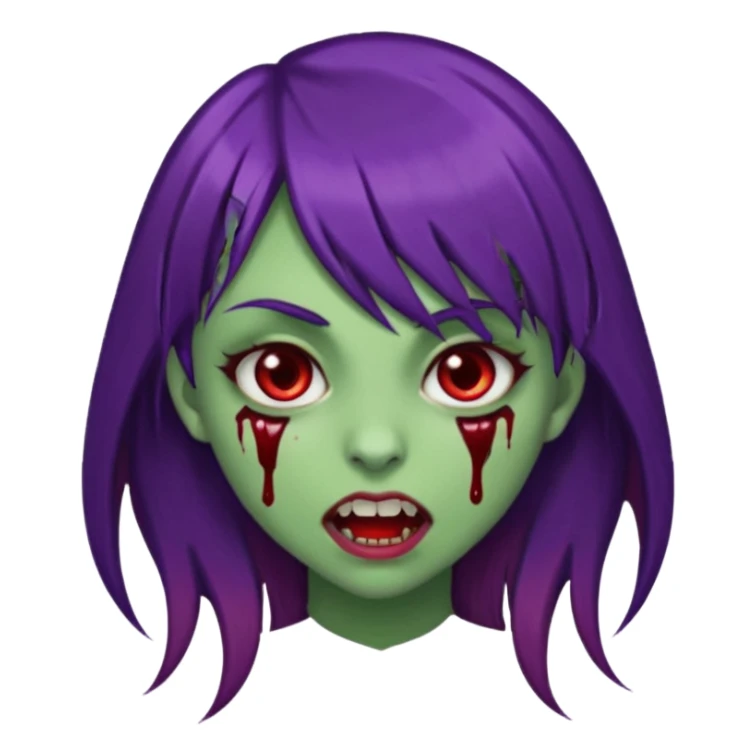 uma garota com cabelo marrom com franja lateral e dois fios de cabelos são roxos na franja, e o cabelo é liso, e a pele dela é verde e a boca normal dente de vampiro e com sangue pingado no canto e um piercing no canto da boca. sticker