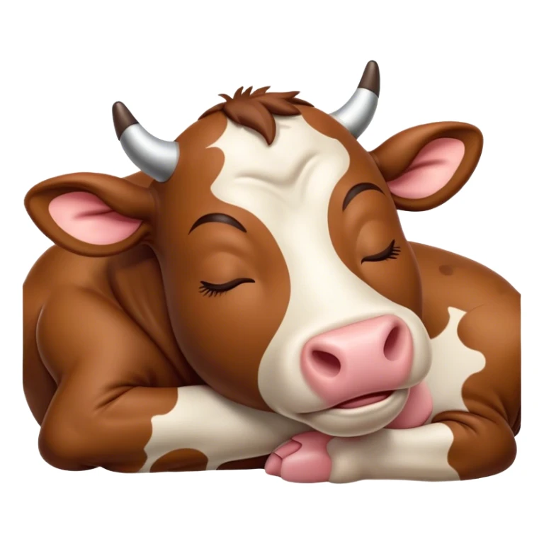Meme-Worthy Cute Sleeping Brown Cow Portrait Emoji, Head resting peacefully with a contented smile, showcasing a robust build and a luxuriously soft deep brown hide, eyes shut in a serene, restful nap, Simplified yet hilariously adorable features, highly detailed, glowing with a soft, drowsy light, high shine, relaxed and utterly lovable, stylized with an air of playful laziness, bright and heartwarming, soft glowing outline, capturing the essence of a comically sleepy cow, so meme-worthy it feels like it could instantly become the next viral sensation of adorable slumber! sticker