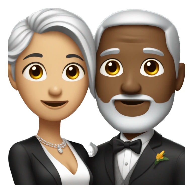 A white grey haired man with a goatee has just married, with a black woman with black hair and a brown complexion. They have a lot of money. they are hugged sticker