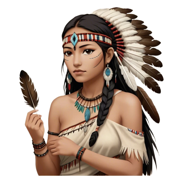 Cinematic Realistic Pocahontas Portrait, depicted with lifelike skin texture, soft natural lighting, and intricately detailed long, flowing raven-black hair that moves gracefully in the wind. Her deep, soulful dark brown eyes exude wisdom and strength, complemented by a serene yet powerful expression. She is shown gently holding a feather in one hand, her other hand resting lightly at her side, embodying the harmonious balance between nature and herself. She is dressed in her classic one-shoulder native American dress, with rich fabric textures and delicate beaded details that catch the light beautifully. The portrait features a soft, sun-kissed glow with a natural, radiant finish, capturing the essence of untamed beauty and deep connection to nature in a realistic and painterly style, evoking a sense of depth and authenticity. sticker