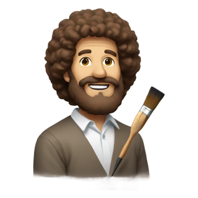 bob ross with brown hair, a brown beard, and a paintbrush thats covered in paint sticker