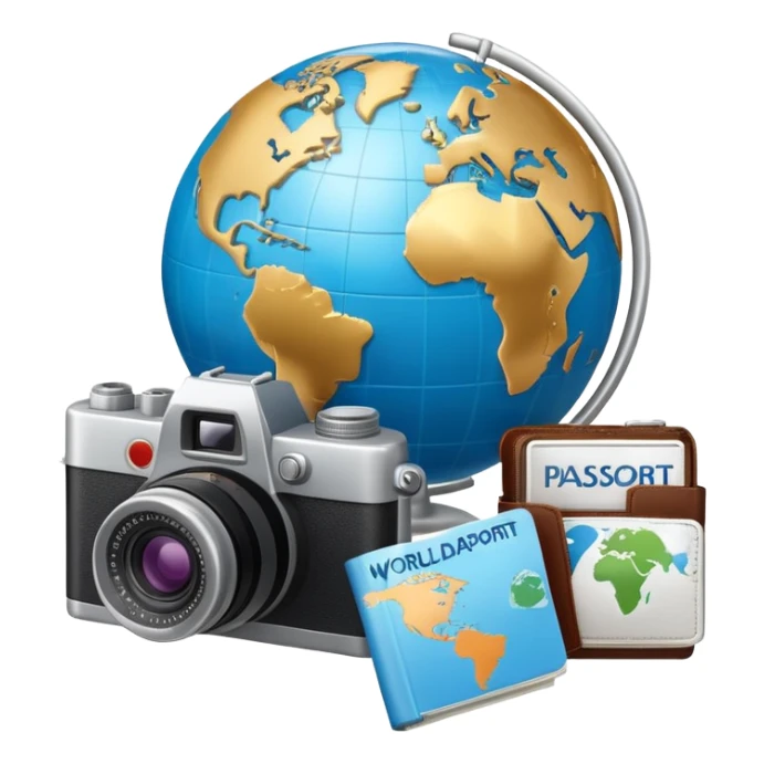 Globe with passport and camera, world travel sticker