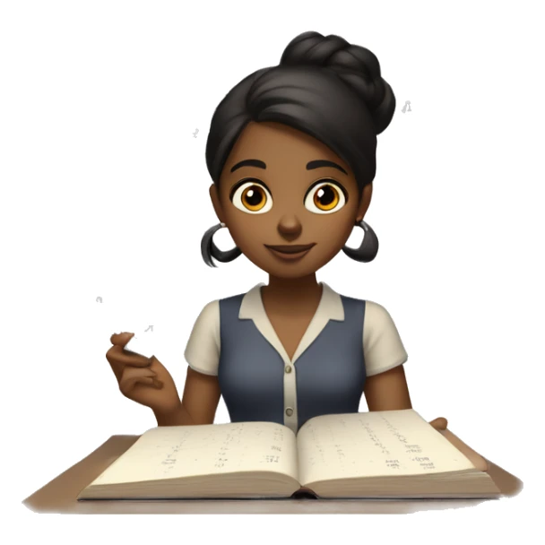 Black-haired brown girl doing statistic math, smart looking, with a book and calculator in front of her. Math and numbers spinning around her head like shes thinking sticker