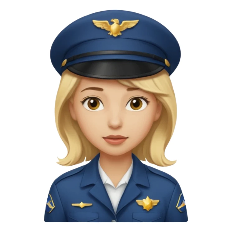 A female pilot with light skin and blonde hair under her cap sticker