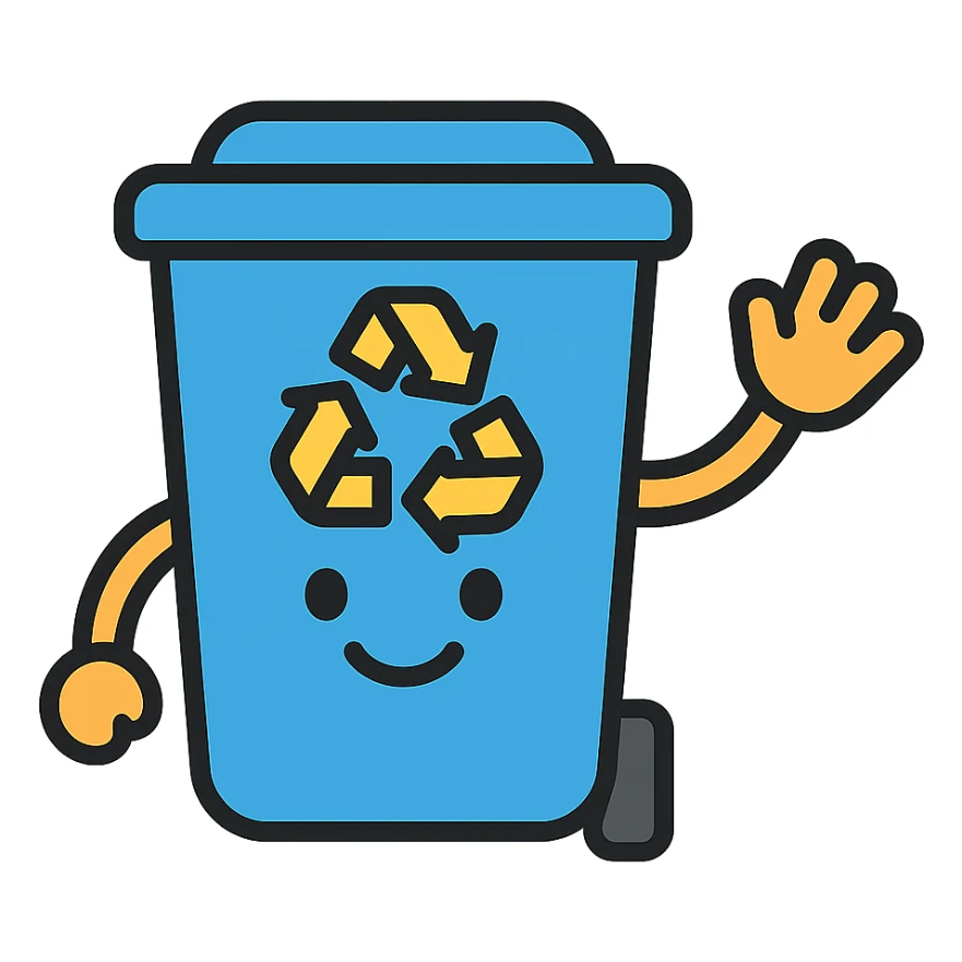 blue recycling bin with a big smile, waving hand sticker