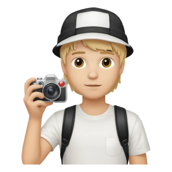 Young male, holding camera, white t-shirt, cap, blond hair sticker