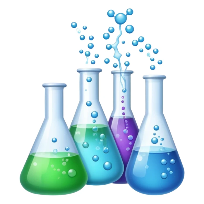 An icon featuring laboratory flasks with tubes, symbolizing chemistry. The design includes liquid and powder substances, a chemical reaction with bubbles, and molecular formulas, representing chemical processes like hydrolysis. Transparent background sticker