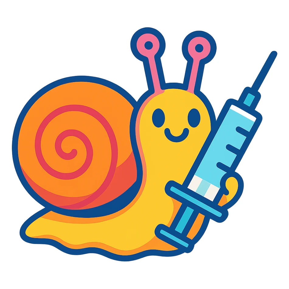 a fun and lighthearted cartoon snail holding a syringe, vibrant toon style, colorful and cheerful sticker