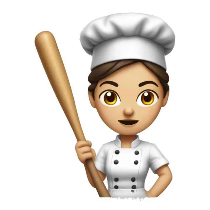 angry brunette chef with a hair bun, holding a baseball bat sticker