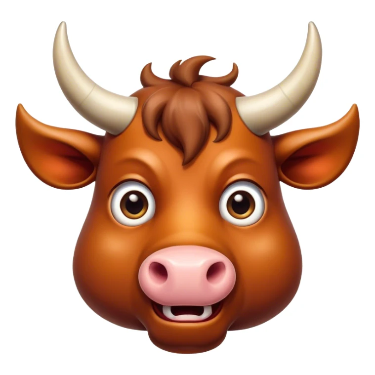 Cinematic Comical Domestic Ox Portrait Emoji, Head tilted dramatically with an exaggeratedly amused expression, featuring a striking, glossy hide with boldly curved horns and wide, expressive eyes brimming with playful disbelief, Simplified yet hilariously expressive features, highly detailed, glowing with a slightly sassy earthy glow, high shine, dramatic yet playful, stylized with an air of cheeky rural mischief, soft glowing outline, capturing the essence of a spirited and over-the-top ox that looks ready to charge its way into internet fame instantly! sticker