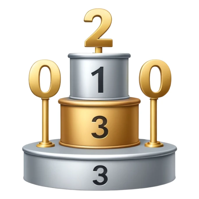 three-tier podium with large numbers 1, 2, 3 showing ranking sticker