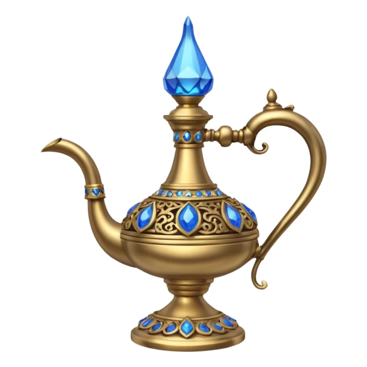 a genie lamp with blue gems and a DD carved sticker
