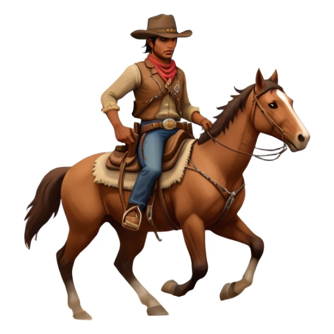 An icon representing an adventure game, inspired by Red Dead Redemption II. The design features a rugged cowboy riding a horse through a vast, open landscape with mountains, deserts, and wild animals. The atmosphere conveys exploration, action, and the thrill of the journey. Transparent background sticker