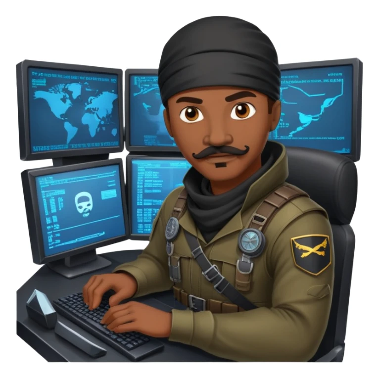 african-american mustache mercenary black asymmetrical ninja hacker terminal command center sticker
