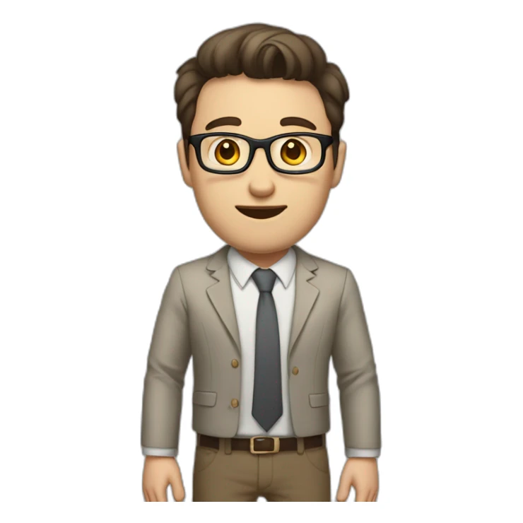 Full height Actively gesturing with hands Pale skinned fit man with dark brown hair in gray jacket, beige office shirt, brown tie, brown pants and vintage glasses. sticker