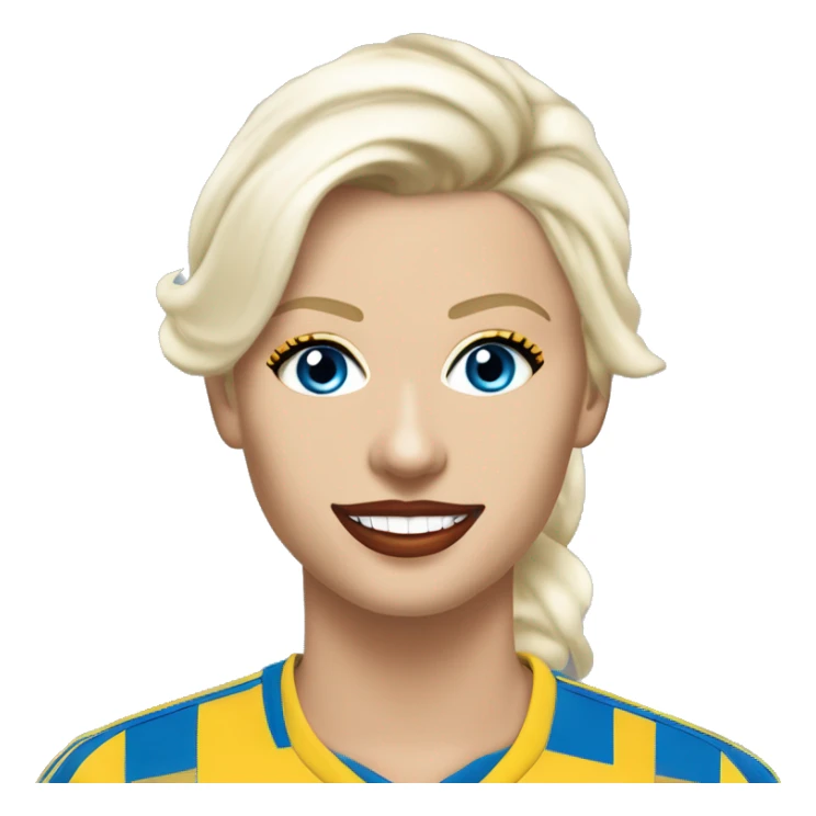 Jesse Maley pretty older white Swedish looking Playboy model looking with Blue eyes, a sexy smile, with big Red lips and almond shaped eyes with long eyelashes, platinum blonde blonde, pixie haircut and golden skin and Leeds united shirt and badge sticker