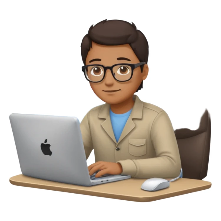 developer on a pier focused on a computer with subtle water and sky, emoji style sticker