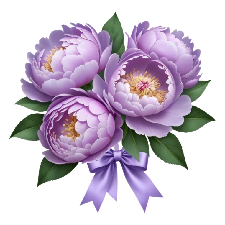 "A hyper-realistic bouquet of light purple peonies, freshly bloomed, tied with a luxurious satin ribbon in a soft lavender shade. The petals are delicate and slightly ruffled, with subtle color gradients ranging from pale lilac to deep violet. The bouquet is placed on an elegant marble tabletop with a vintage-style mirror reflecting its beauty. Soft natural light enhances the intricate textures of the flowers, casting gentle shadows."
 sticker