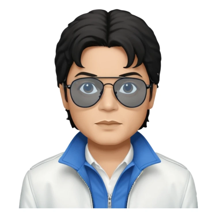 Michael Jackson is white, wearing completely black smokey Ray-Ban glasses, a white jacket, and a blue shirt. sticker