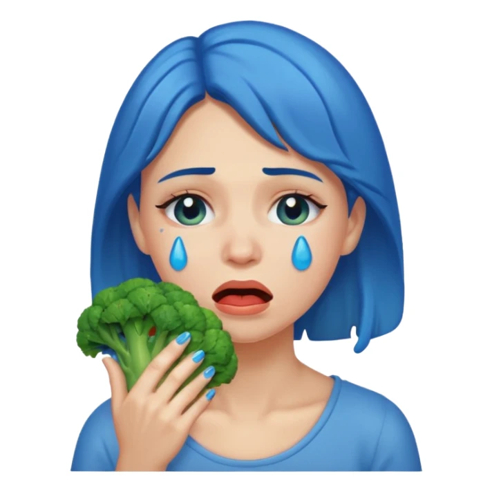 Woman crying eating broccoli. make tears blue color sticker