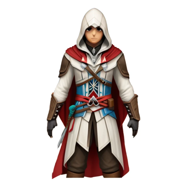icon featuring Assasin's Creed in an iconic assassin's hood, standing tall against the backdrop of Florence. The design captures the essence of adventure, with intricate details of historical architecture and a sense of mystery. The character is poised, ready for action. transparent background. sticker