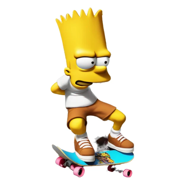 Bart Simpson, skateboard under his arm, poses in front of a graffiti-covered wall. He's giving the camera a playful smirk sticker