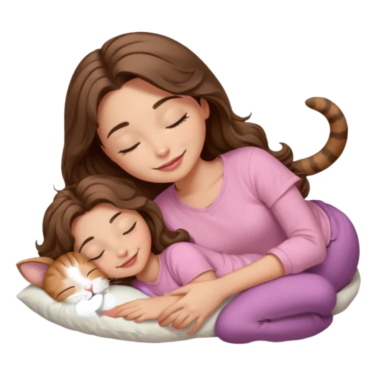 girl with wavy long brown hair, brown eyes, light to medium complexion, long lashes, light pink lipstick, smiling, wearing light pink shirt, sleeping on a cozy pillow, with brown tabby cat, sleeping sticker