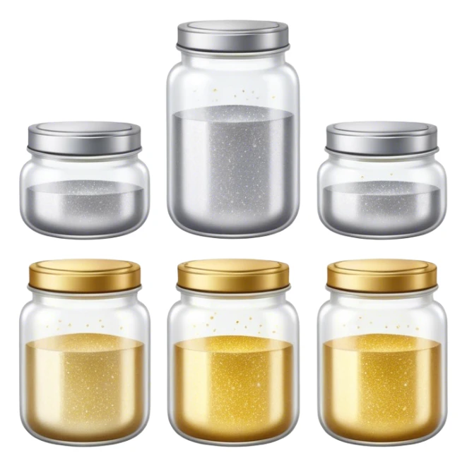 Cinematic Realistic Glitter Jars, elegant glass containers filled with ultra-fine shimmering gold and silver dust, light catching the tiny specks in a mesmerizing glow, slightly open lids revealing the rich, sparkling texture inside, set against a softly blurred background, radiating a sense of enchantment and wonder. sticker