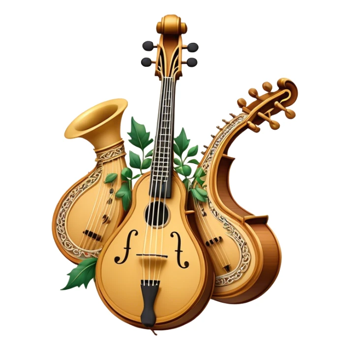 Create an intricate, festive, and emblematic emoji symbolizing plucked string instruments. The design should resemble a regal crest, featuring instruments like a banjo, mandolin, domra, sitar, and other plucked strings, arranged symmetrically in an ornate composition. Their necks and strings should elegantly intertwine with a flowing ribbon of musical notes, wrapping gracefully around the instruments. The overall shape should be grand and balanced, evoking a sense of tradition and celebration. Use a rich and refined color palette with gold, deep mahogany, and vibrant accents, adding intricate wood textures, decorative inlays, and metallic tuning pegs for a professional, polished look. The background should be transparent, making the emblem stand out as an independent artistic mark sticker