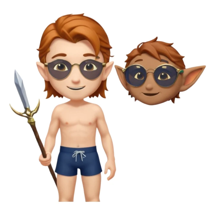 elf male legolas portrait, classic navy swim trunks, timeless wayfarer sunglasses (tortoiseshell), windswept auburn hair, friendly smile, clear pointy ears, no background, centered emoji, iconic summer look sticker