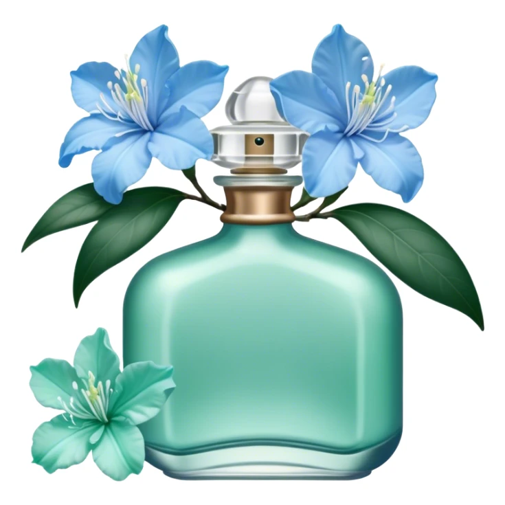 Aesthetic ensemble of soft blue azaleas alongside a charming vintage green perfume bottle.
 sticker